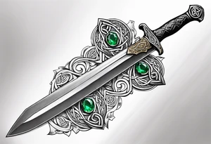 A Celtic athame dagger with the hilt turned upward and an emerald gemstone on the hilt not on the blade tattoo idea