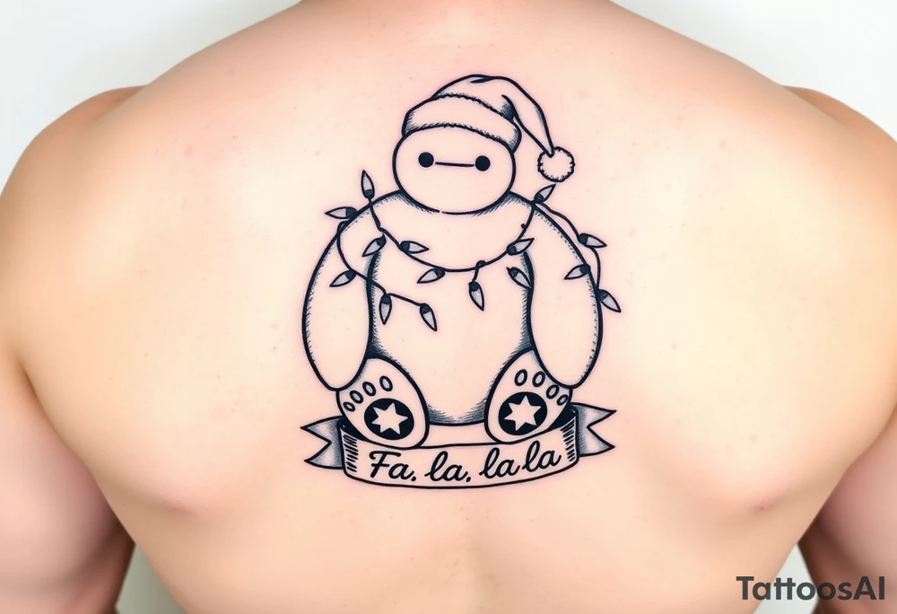 Disney Christmas themed sitting Baymax  wrapped up in Christmas lights and Santa hat with banner at bottom with "Fa-la-la-la-la" in writing tattoo idea