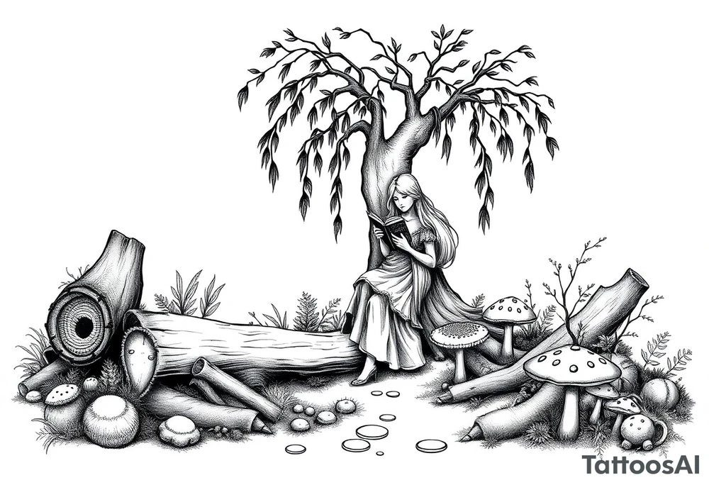 Magical woodland scene with logs, moss and toad stools with a pretty girl reading a book leaning against a very pretty willow tree tattoo idea