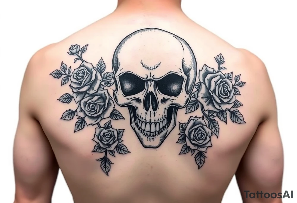 gothic skull intertwined with climbing roses and thorny vines tattoo idea