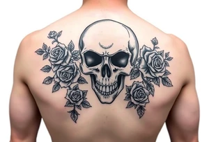 gothic skull intertwined with climbing roses and thorny vines tattoo idea