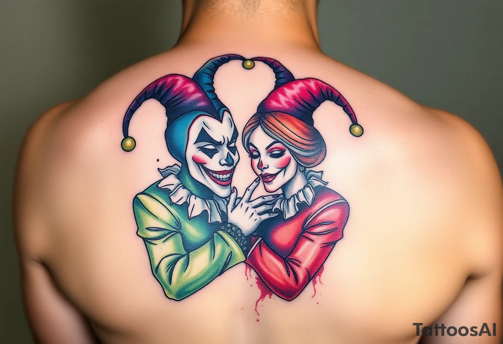 a toxic power jester couple holding each other with cheeks being pulled to force smile tattoo idea