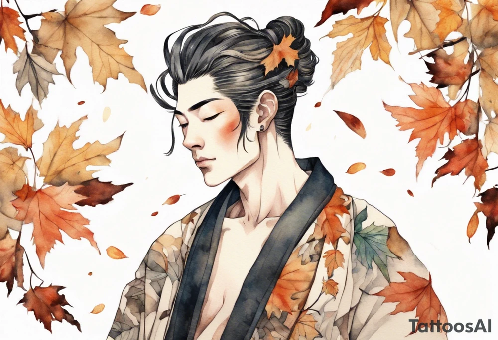 A tall, beautiful man with autumn leaves for hair, skin like birch bark, and a floral robe. tattoo idea