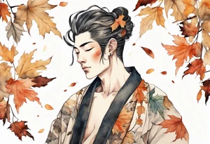 A tall, beautiful man with autumn leaves for hair, skin like birch bark, and a floral robe. tattoo idea