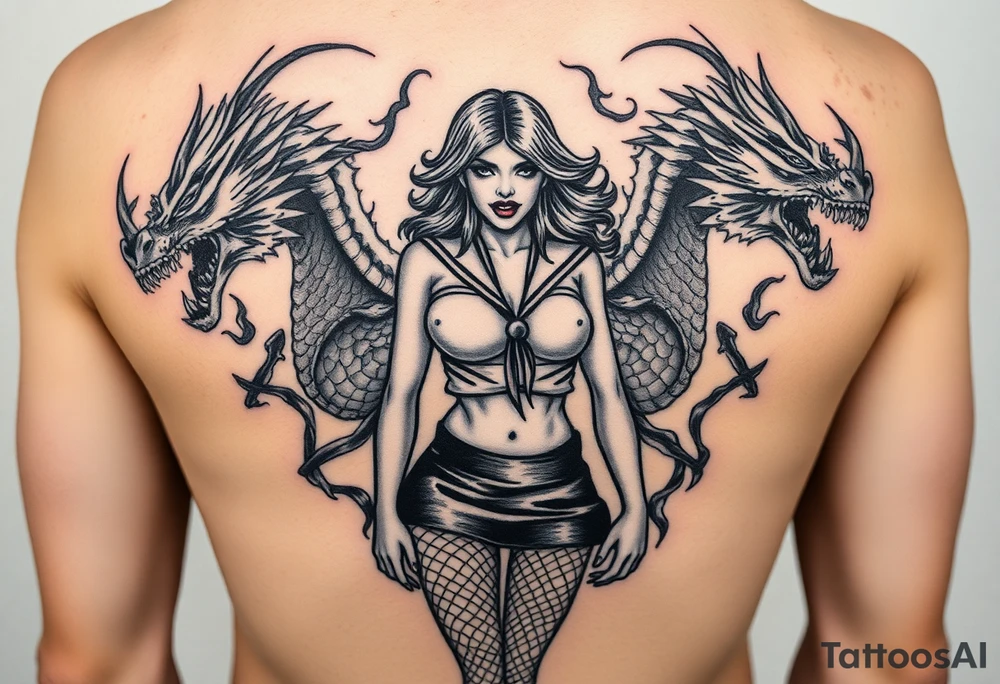 beautiful vampire woman with bloody mouth dressed in short skirt and sailors top with fishnet leggings and arms, surrounded by swirling smoke and blood that forms dragon head shapes tattoo idea
