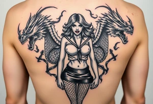 beautiful vampire woman with bloody mouth dressed in short skirt and sailors top with fishnet leggings and arms, surrounded by swirling smoke and blood that forms dragon head shapes tattoo idea