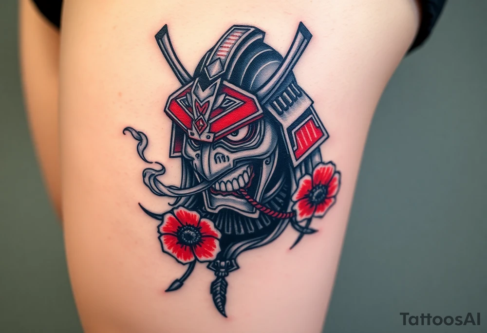 Rouge ronin with smoke coming out of its mouth with 11b tattooed under its left eye with 1 poppy on each side of the ronin tattoo idea