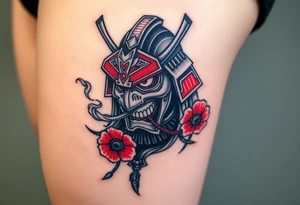 Rouge ronin with smoke coming out of its mouth with 11b tattooed under its left eye with 1 poppy on each side of the ronin tattoo idea