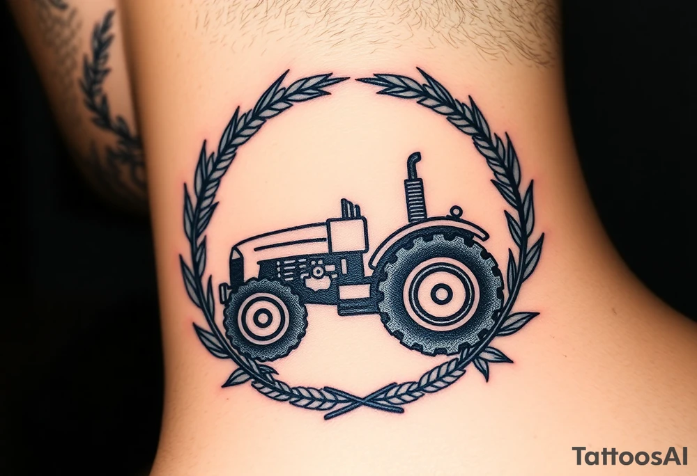 A tractor framed by a circular wreath of wheat and corn stalks, representing abundance and harvest. tattoo idea