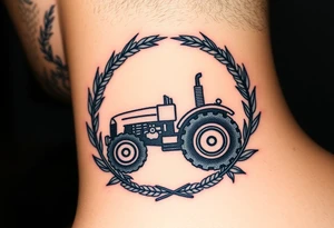 A tractor framed by a circular wreath of wheat and corn stalks, representing abundance and harvest. tattoo idea