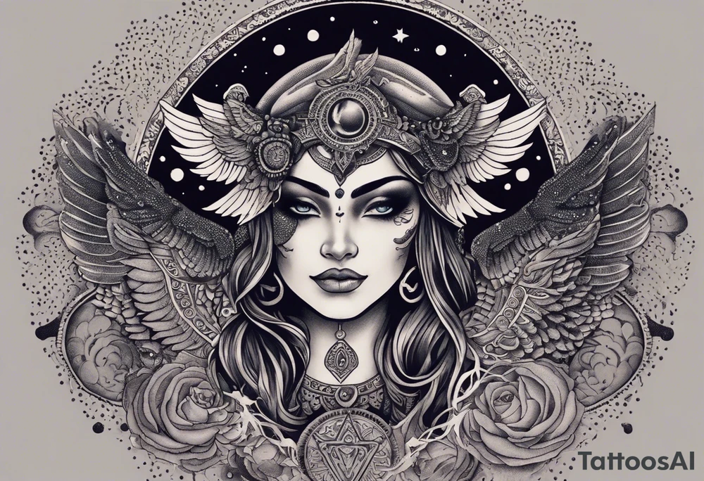 black kali, goddess pirate, alien, angel, pachamama, valkrye, warrior, flying, skull, lotus azul, wing, eagle, zenza resonance, stars, 5D, anahata chakra, death, durga, riding on a tiger, flying lady, chest tatoo tattoo idea