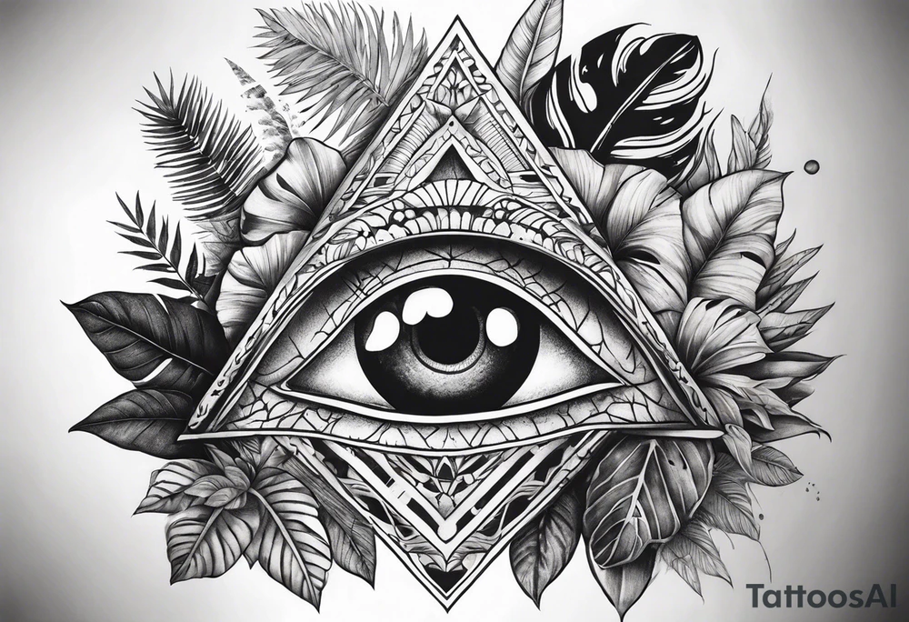 arm sleeve tattoo with all-seeing eye and jungle plants tattoo idea