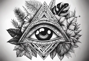 arm sleeve tattoo with all-seeing eye and jungle plants tattoo idea