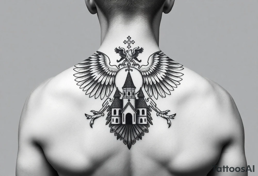 an actual russian coat of arms with the eagles wings spanning out on my back neck across my shoulders / traps with a orthodox christian church being visible in a mountainous sun beaming setting, with the russian orthodox cross spire of the orthodox church being visible on my neck with a sun beaming in the background that the cross sits inside tattoo idea