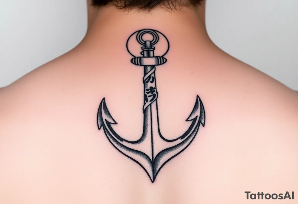 Anchor with the Korean word 정 connecting to the circle at the top of the anchor tattoo idea