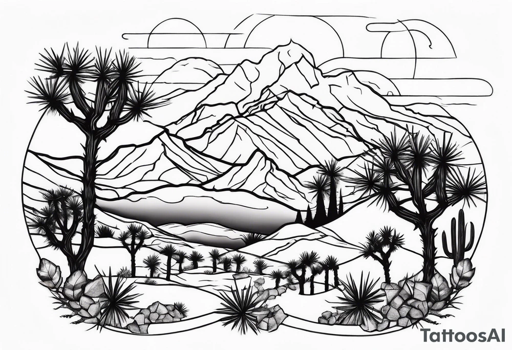 A dessert with joshua trees transitioning to pine trees and mountains tattoo idea