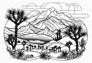 A dessert with joshua trees transitioning to pine trees and mountains tattoo idea