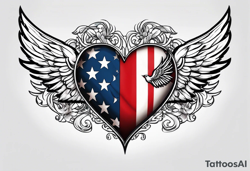 Flag inside of a heart with wings tattoo idea