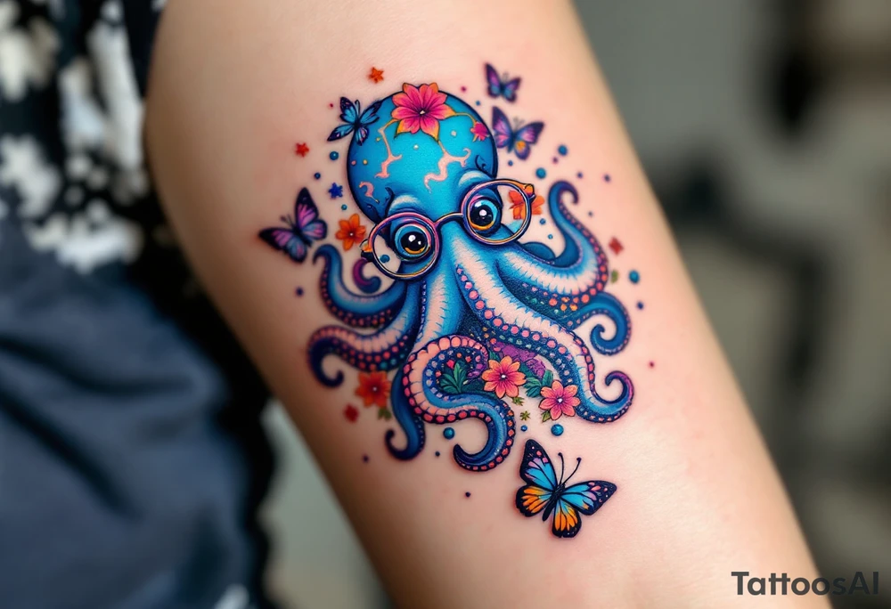 cute octopus, wearing glasses, friendly, surrounded by butterflies and oceanic items tattoo idea