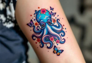 cute octopus, wearing glasses, friendly, surrounded by butterflies and oceanic items tattoo idea