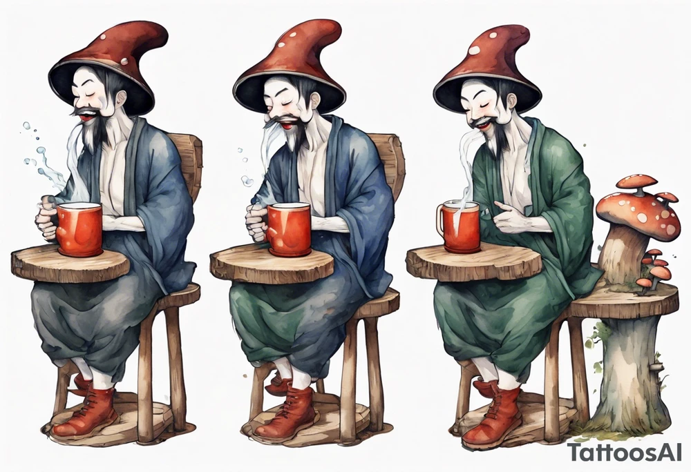a mushroom wearing medieval clothes sitting on a stool drinking from a wood mug, laughing tattoo idea