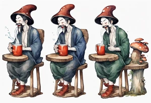 a mushroom wearing medieval clothes sitting on a stool drinking from a wood mug, laughing tattoo idea