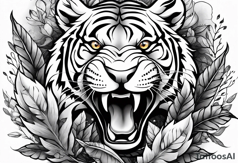 Fierce tigger growling with leaves and smoke around the image tattoo idea