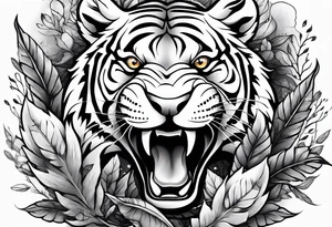 Fierce tigger growling with leaves and smoke around the image tattoo idea