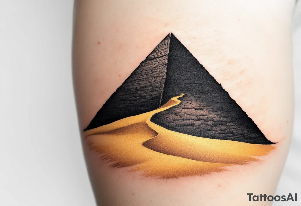 A jet-black pyramid casting a shadow over a golden sand dune. tattoo idea