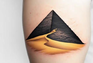 A jet-black pyramid casting a shadow over a golden sand dune. tattoo idea