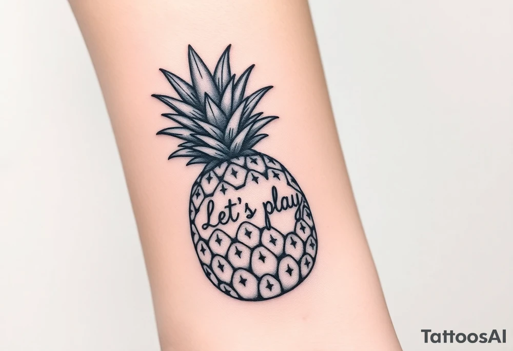 A black ink wrist tattoo featuring a realistic yet minimalistic pineapple. The pineapple is finely detailed with clean, precise lines, capturing the natural texture of the fruit while keeping the design subtle and uncluttered. Inside the body of the pineapple, the phrase "Let's play" is clearly placed in a bold but not overly thick font, ensuring readability while maintaining balance with the overall design. The leaves of the pineapple have a fine-line style with slight variations in thickness for a natural feel. The tattoo blends fine details with subtle bold elements, creating a clean and modern aesthetic. tattoo idea