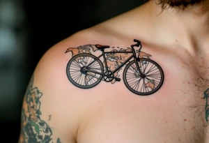 A bicycle with a world map pattern on the frame, in earthy tones like beige, brown, and green, symbolizing global exploration and wanderlust. tattoo idea