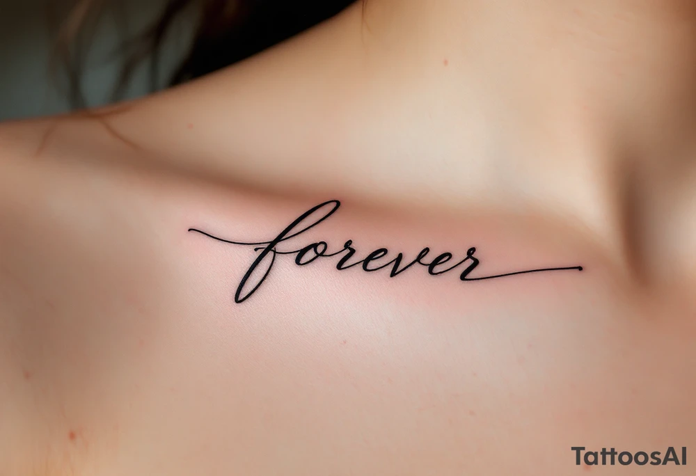 A minimalistic "forever" in delicate black ink across the collarbone, like a hidden promise. tattoo idea