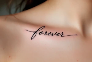 A minimalistic "forever" in delicate black ink across the collarbone, like a hidden promise. tattoo idea