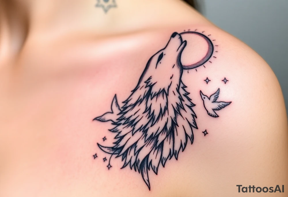 Wolf howling moon stars dove tattoo idea