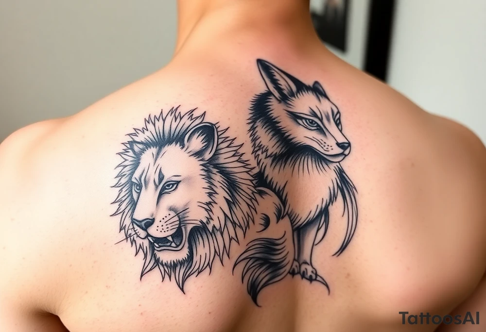lion vs fox irezumi sleeve tattoo idea