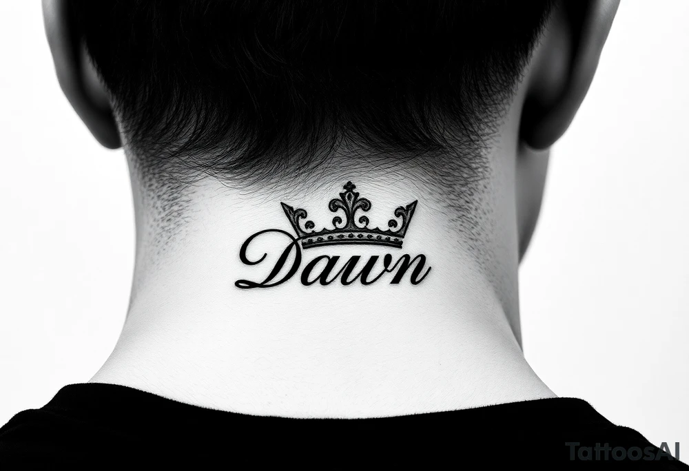 Crown with name Dawn on side of neck tattoo idea