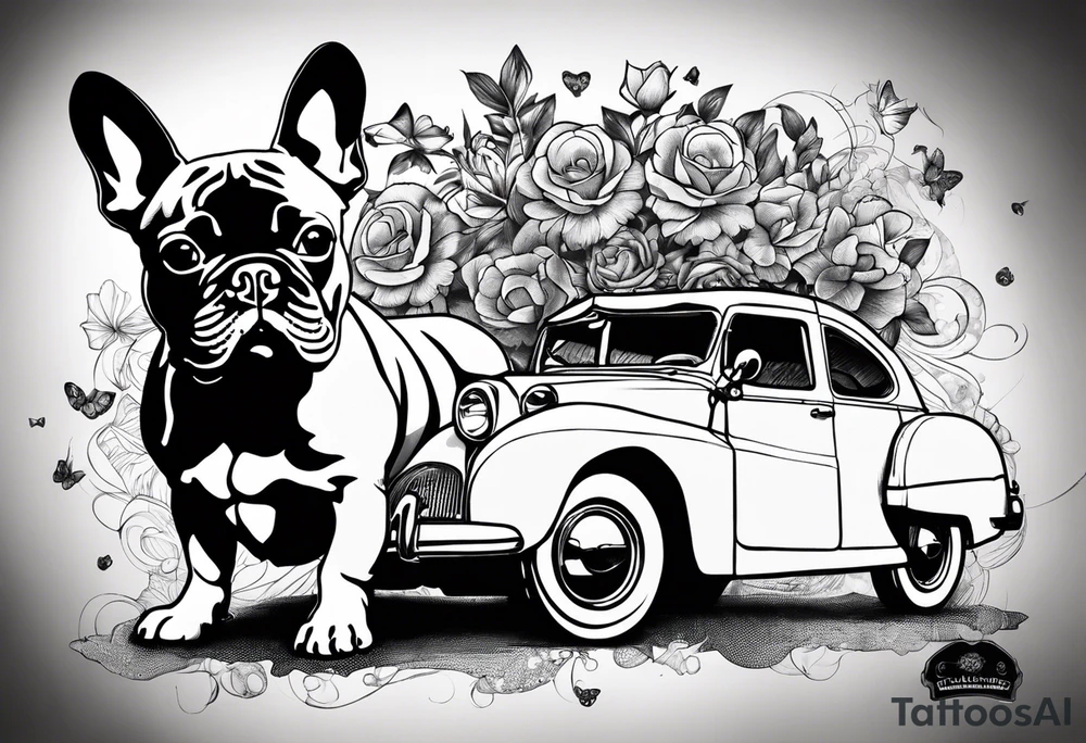 A french bulldog to dices vith the telores C and R four clower and a car tattoo idea