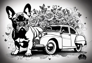 A french bulldog to dices vith the telores C and R four clower and a car tattoo idea