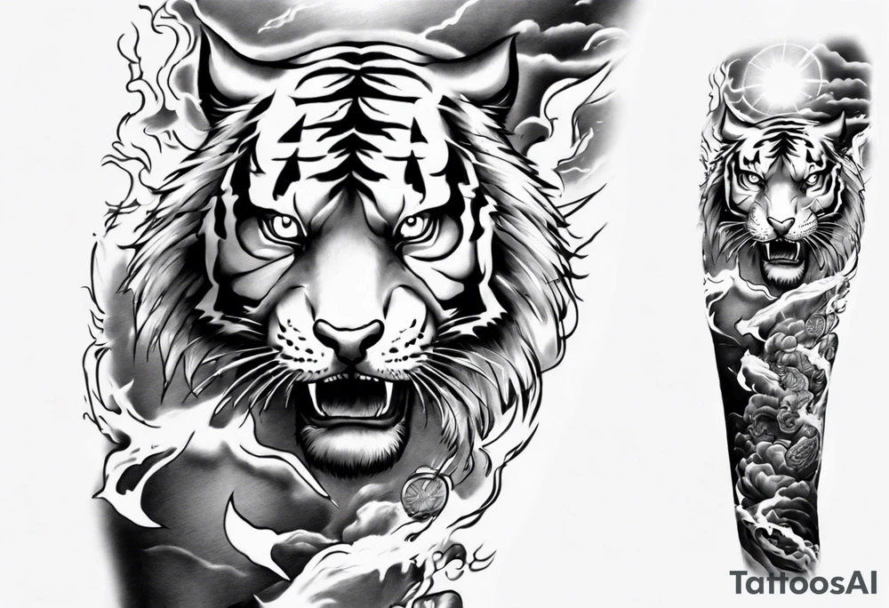 Tiger Warrior sleeve tattoo with lightning and the sun
Forearm sleeve tattoo idea