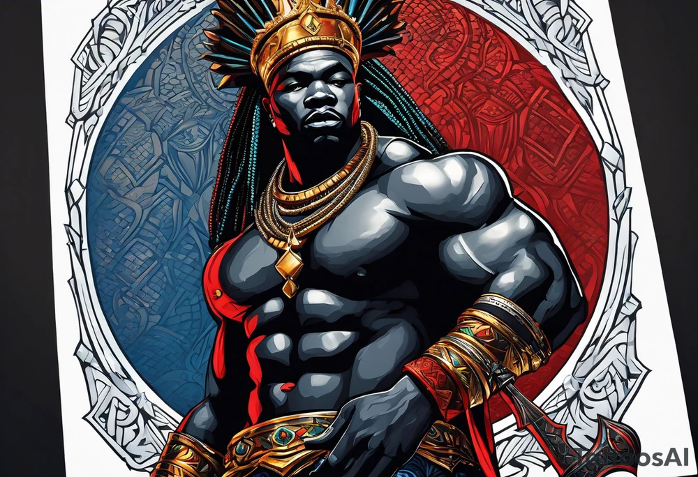 An african god, a bald black-skinned warrior, that uses a sword and a silver crown. He also uses blue and red necklaces tattoo idea