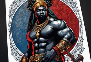 An african god, a bald black-skinned warrior, that uses a sword and a silver crown. He also uses blue and red necklaces tattoo idea