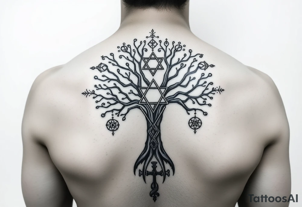 geometrical mystical tree of life with the star of David and cross cosmic roots and celestial symbols branches with HIV-positive symbol tattoo idea