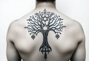 geometrical mystical tree of life with the star of David and cross cosmic roots and celestial symbols branches with HIV-positive symbol tattoo idea