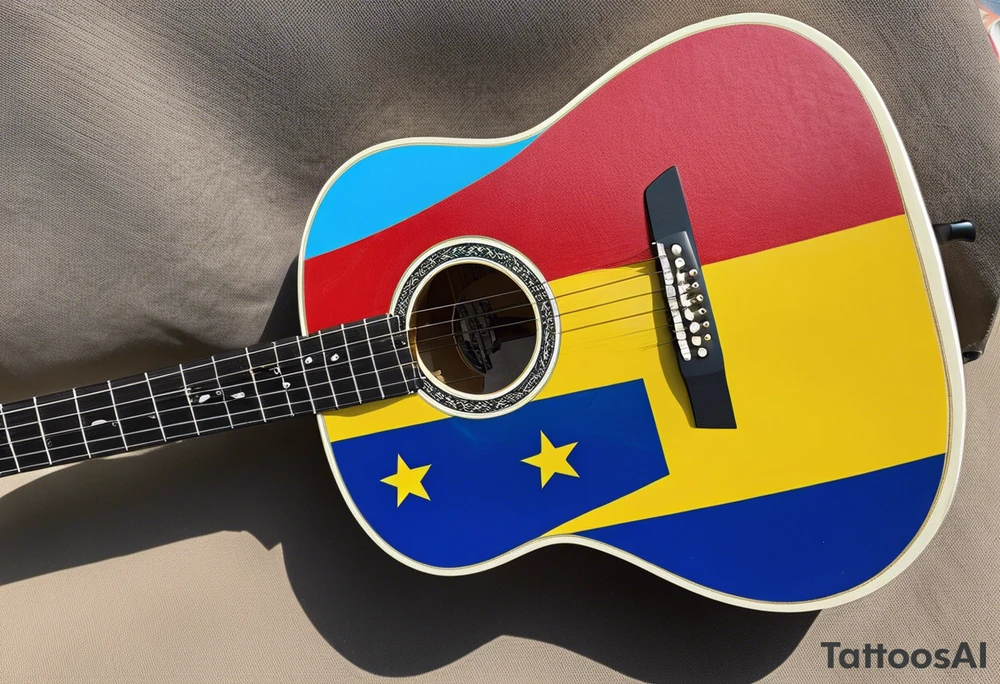 acoustic guitar with cut diagonally with one side with the flag of curacao, the other with some raggae colors. on the outside of the guitar, the side with the curacao flag to adorned with some beach or sea creature theme, like a sea turtle. The side with the raggae to have some music notes flowing out tattoo idea