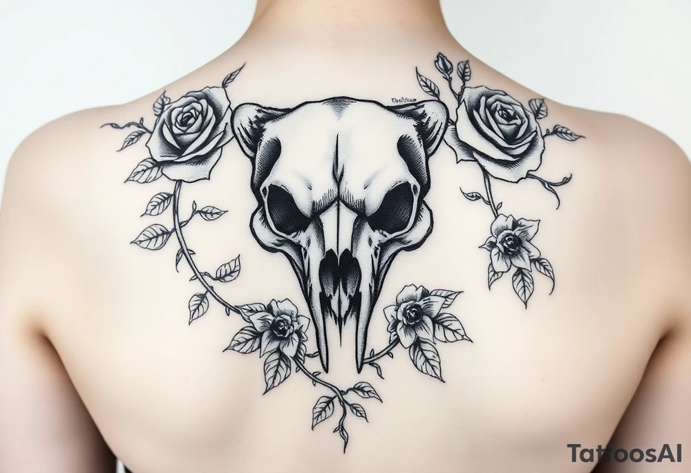 gothic polar bear skull intertwined with climbing roses and thorny vines tattoo idea