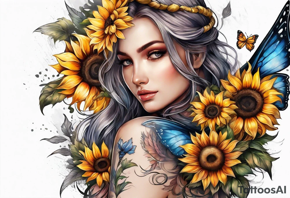 Sleeve with angel wings, sunflower and butterfly tattoo idea