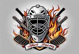 a puck hitting a goalie mask with crossed hockey sticks and flames that says "SHOT HOCKEY" tattoo idea