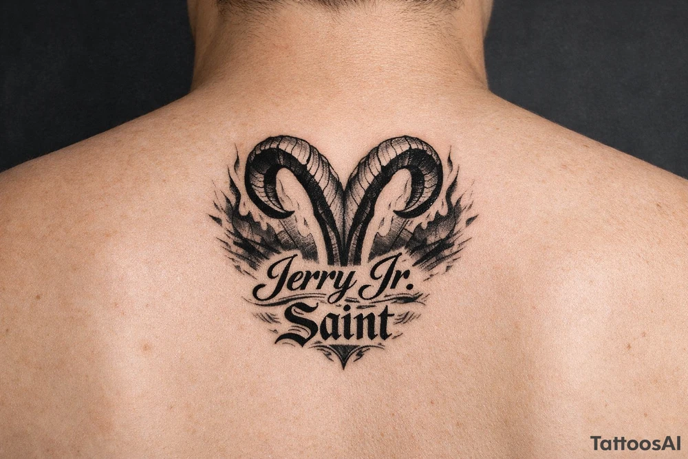 Aries symbol with Jerry Jr name and nickname Saint tattoo idea