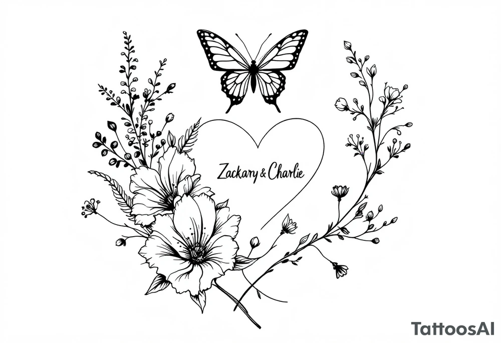 Flowers, heart and buttherfly with name Zackary and Charlie tattoo idea
